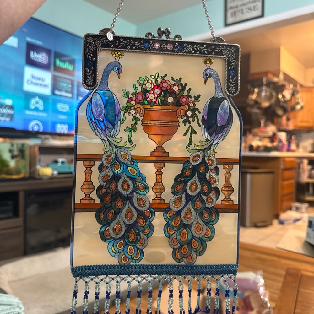 AMIA Stained Glass Peacock Suncatcher Beaded Purse Design Metal Frame Jewels - Picture 7 of 7